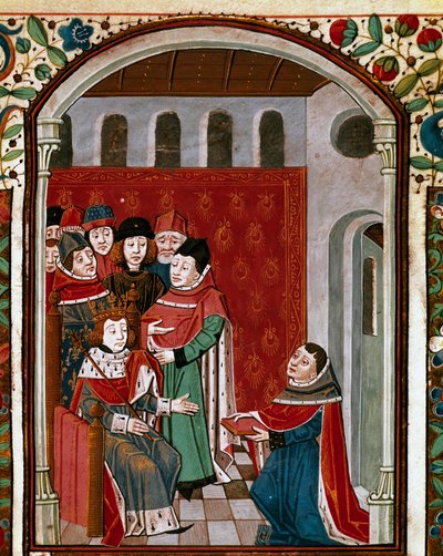 翻訳者のJohn de Meung (or Clopinel or Chopinel) (1240-1305)は、その作品を美しい王であるフィリップ4世(1268-1314)に寄贈する。ラテンの哲学者ボエチェ（Boetius）（475-520）の『哲学者の慰め（De Consolatione Philosophiae）』から引用されたミニチュアで、翻訳者のJean d 作： French School