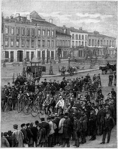 ボルドーからパリまでのレース：1891年5月23日午前5時、ボルドーを出発するベロシペッドたち。 Engraving in "La Nature.Revue des sciences et de ses applications aux arts et a l
