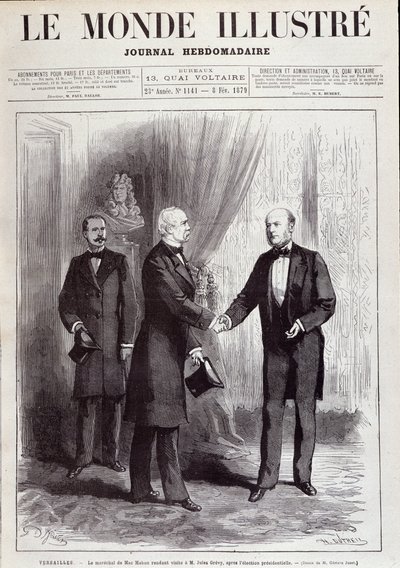 マック・マホン(Mac-Mahon)(1808-1893)のパトリス・マルシャル(Marechal Patrice)のジュール・グレヴィ(1807-1891)大統領への訪問。Le Monde illustrious」1879年2月号に掲載。 作： French School