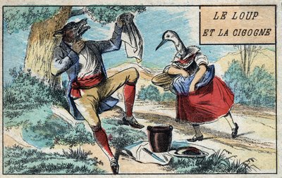 狼とコウノトリジャン・ド・ラ・フォンテーヌ（1621-95）の寓話。19世紀末のエピナル画像。 作： French School