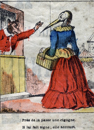 狼とコウノトリジャン・ド・ラ・フォンテーヌ（1621-95）の寓話。19世紀末のエピナル画像。 作： French School