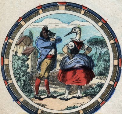 狼とコウノトリジャン・ド・ラ・フォンテーヌ（1621-95）の寓話。19世紀末のエピナル画像。 作： French School