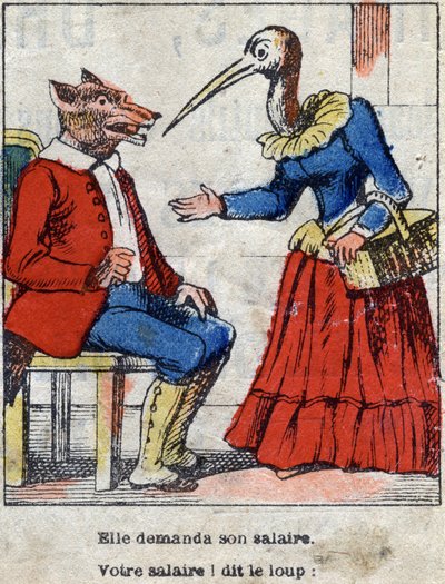狼とコウノトリジャン・ド・ラ・フォンテーヌ（1621-95）の寓話。19世紀末のエピナル画像。 作： French School