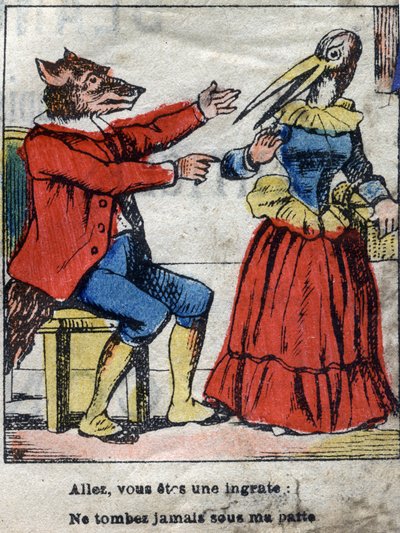 狼とコウノトリジャン・ド・ラ・フォンテーヌ（1621-95）の寓話。19世紀末のエピナル画像。 作： French School