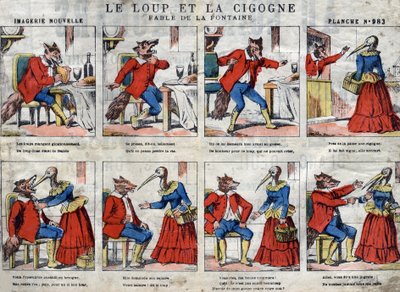 狼とコウノトリジャン・ド・ラ・フォンテーヌ（1621-95）の寓話。19世紀末のエピナル画像。 作： French School