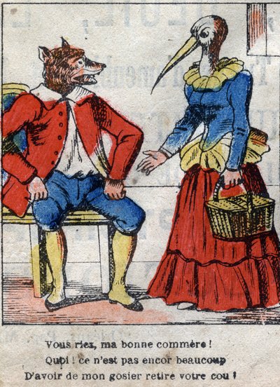 狼とコウノトリジャン・ド・ラ・フォンテーヌ（1621-95）の寓話。19世紀末のエピナル画像。 作： French School