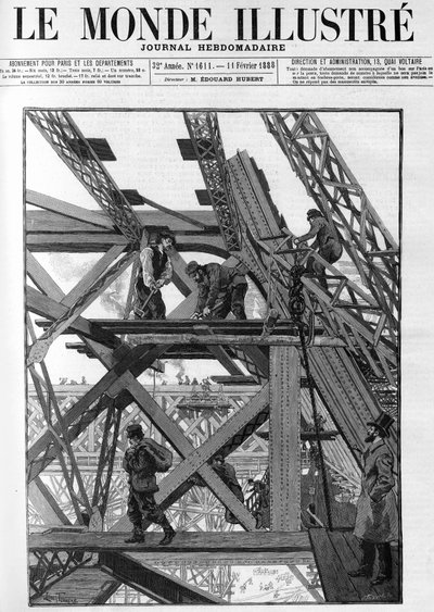 1889年の万国博覧会のためのエッフェル塔の作品で、作業員は地上50メートルの高さにいます。1888年の "The Illustrious World "にて。 作： French School