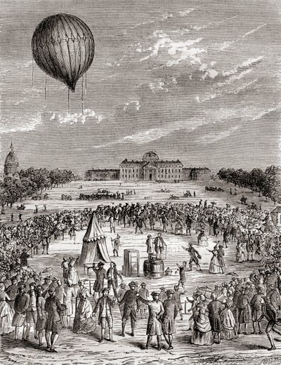 1783年にフランス・パリのシャンゼリゼ通りで打ち上げられた世界初の水素気球（1870年頃に出版された『Les Merveilles de la Science』より）。 作： French School