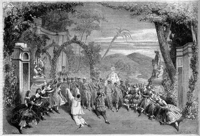 演劇的表現。Lambert Thiboust (1826-1867)、Alfred Delacour (1815-1883)、Clairville (1811-1879) による「フランス国民の踊り」の第2幕最終場面。パリ、ヴァリエット劇場 作： French School