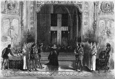 ヴィクトル・ユーゴー（1802-1885）の『ルクレース・ボルジア』の棺の場面。パリ、ポルト・サン・マルタン劇場 作： French School