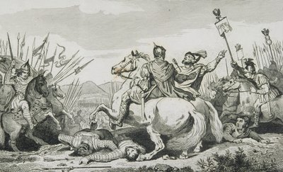 テオドリックは、1840年に出版されたコラートの「歴史史」から、シャロン近くのアティラとの戦いで殺害された 作： French School