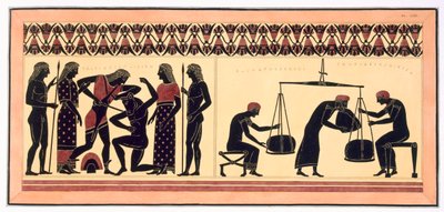 テセウスとミノタウロス、右、羊毛の重さを量る男性、1808-10年発行（カラーリソ） 作： French School