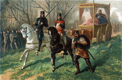 ティエリー3世によると、673a691年のフェイナン王が牛に撃たれた馬車でパリを歩いている。1890年頃のクロモリトグラフ。 作： French School