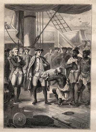 ジェームス・クックの第三回目の航海 - They gave him a little pig - il presented him a little pig -ジェームス・クックの第三回目の太平洋航海 -イラストはジュール・ヴェルヌの「The Great Mariners of 18th century」からの引用です。 作： French School