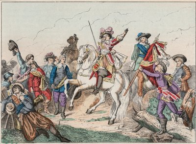 三十年戦争（1618-1648年）。スペイン軍とのロクロイ（Rocroy）の戦いで、フォンテーヌ伯爵の亡骸に挨拶するグラン・コンド（1621-1686）として知られるブルボン・コンド（Bourbon-Conde）公爵ルイ2世（5月19日 作： French School