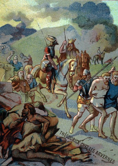 クローヴィスの長男テオデリック、アルヴェルヌ（オーヴェルニュ）にて（532-533年）。シリーズ「映像による愛国教育」のクロモリトグラフ。 作： French School