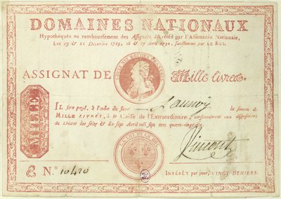 Louis XVI（1754-93）1790の写真が描かれた千リブル紙幣 作： French School