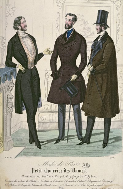 3人のエレガントな若い男性、1841年（カラー彫刻） 作： French School