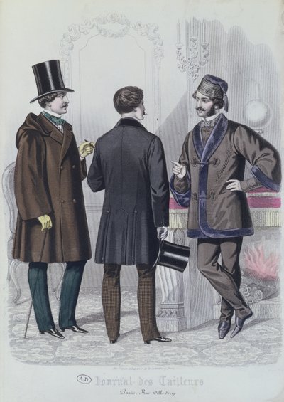 1856年12月、3人のエレガントな若い男性（カラー彫刻） 作： French School