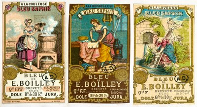 1878年のBleu de E. Boilleyブランドの粉末洗剤の3つのラベル 作： French School