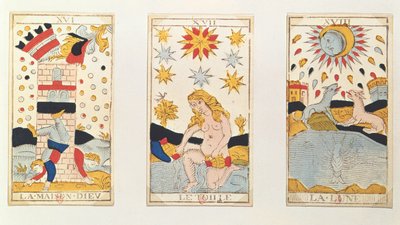 塔、星、月を描いた3枚のタロットカード（色の木版画） 作： French School