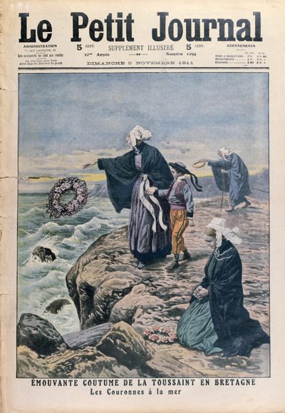1911年11月5日、ルプティジャーナルの表紙イラスト、ブルターニュのオールセインツの日に海に花輪を投げる 作： French School