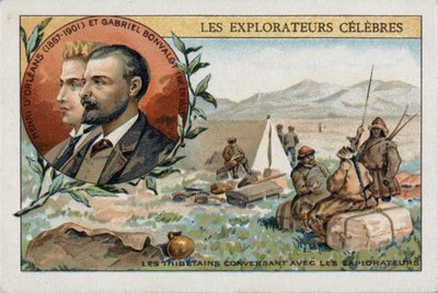 フランスの探検家アンリ・ドルレアン（1867-1901）とガブリエル・ボンバロ（1853-1933）と一緒に変換するチベット人。19世紀のカラーリトグラフ。 作： French School