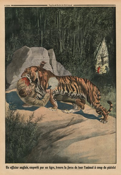 1913年8月3日、イギリスの将校を攻撃するタイガー、「ルプチジャーナル」の裏表紙イラスト、補足イラストレーター 作： French School