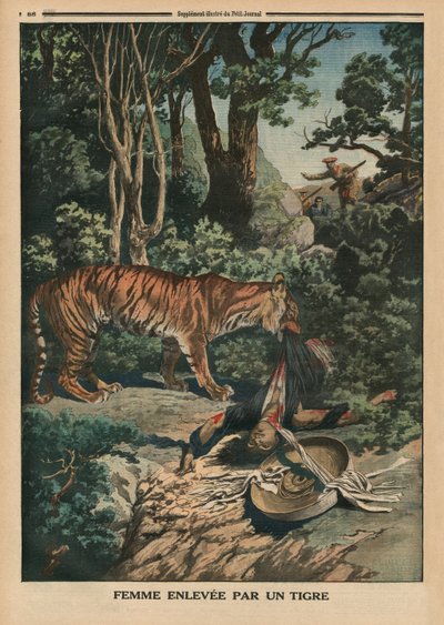 女性を襲う虎、「ルプチジャーナル」の裏表紙イラスト、補足イラストレーター、1914年3月15日 作： French School