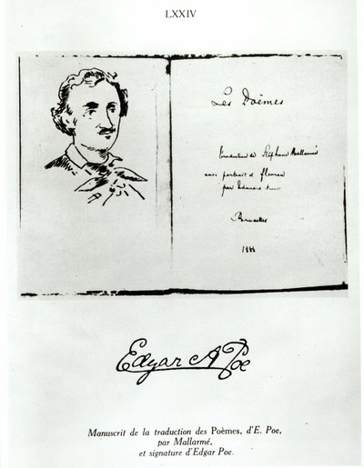 エドガー・アラン・ポー（1809-49）によるレ・ポエムのタイトルページ。ステファン・マラルム（1842-98）によって翻訳され、作者の肖像1888 作： French School