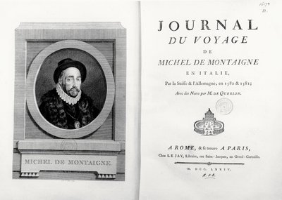 タイトルページと、A. de Saint Aubinによる著者の肖像が描かれたフロントピース（「Journal de Voyage en Italie 1580 et 1581 de Michel de Montaigne」より）。 作： French School
