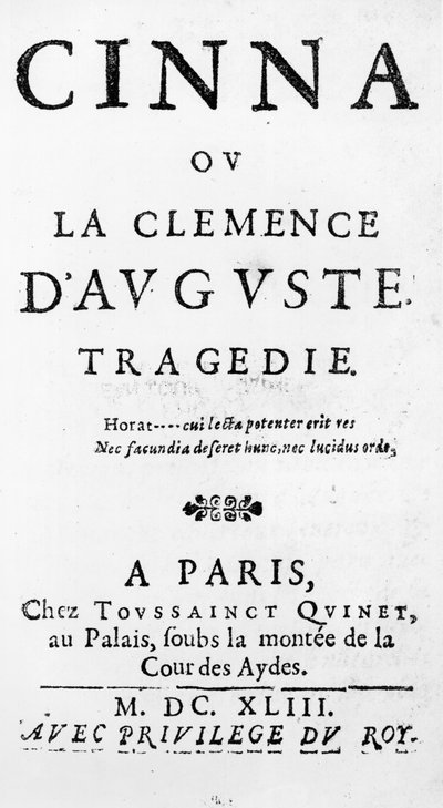 Cinna ou la Clemence dAugusteのタイトルページ、ピエールコルネイユ（1606-84）、1643年発行 作： French School