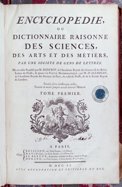 1751年にパリで発行されたデニスディドロの百科事典のタイトルページ（1713-84）（157777も参照） 作： French School