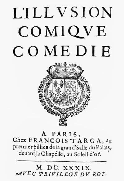 1639年に出版されたピエールコルネイユ（1606-84）によるLIllusion Comiqueのタイトルページ 作： French School