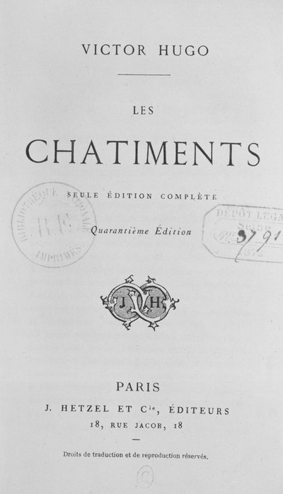 ビクターユーゴー（1802-85）によるLes Chatiments（1853）のタイトルページ、J。ヘッツェル発行の40版、1872 作： French School