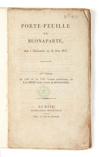1815年6月18日にシャルルロワで撮影されたBuonaparteの財布」のタイトルページ。 作： French School