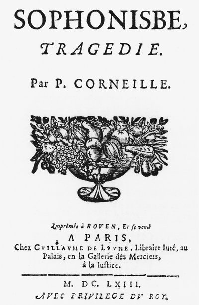 1663年に出版されたピエールコルネイユ（1606-84）による「ソフォニスベ」のタイトルページ 作： French School