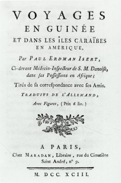 ギニアとアメリカのカリブ諸島の旅行のタイトルページ、ポール・アードマン・イサート著、1743年発行 作： French School