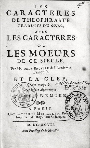 Theophrastuss The Characteres or Mannersのタイトルページ、ジャン・ド・ラ・ブリュイエール（1645-96）1697年訳 作： French School