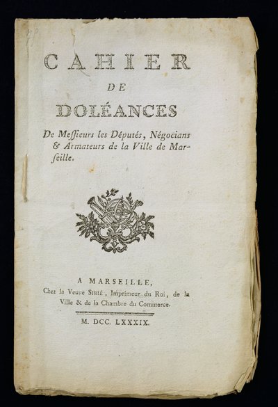 マルセイユの代理人、商人、船主の苦情書、1789年のタイトルページ 作： French School