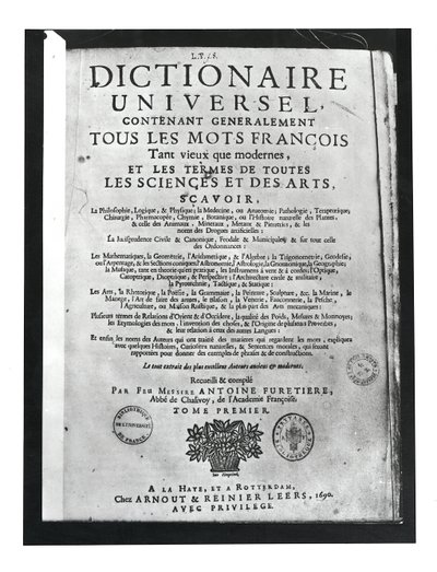 Antoine Furetiere（1619-88）1690によるDictionnaire Universelのタイトルページ（印刷） 作： French School