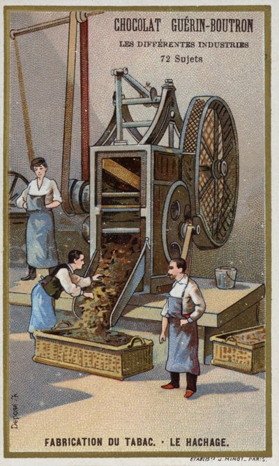 タバコの製造。葉の細断（クロモリト 作： French School