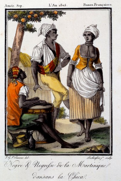 伝統的なダンス：チカを踊るマルティニークの住人たち。1805年のエングレーヴィング。シャルトル、美術館 作： French School