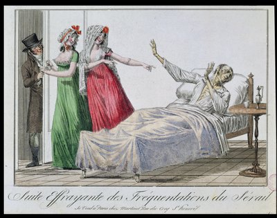 頻繁な売春宿の悲惨な結果、梅毒の似顔絵、c.1800（カラー彫刻） 作： French School