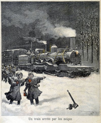 雪で停車を余儀なくされた列車。1892年3月の新聞 "Le Petitle Parisien "のイラスト。 作： French School
