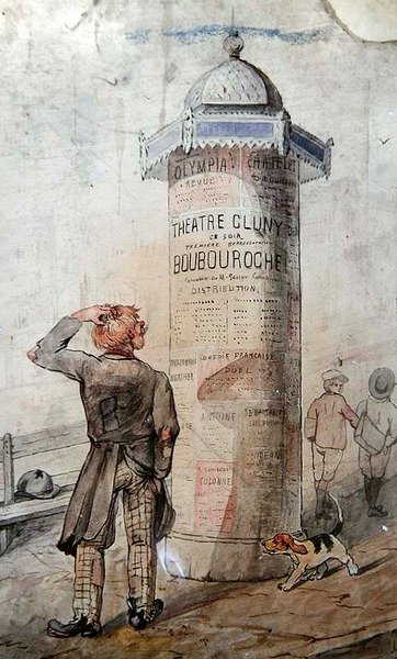 コートリーヌの演劇「Boubouroche」の宣伝ポスターを見るトランプ（紙に水彩画） 作： French School