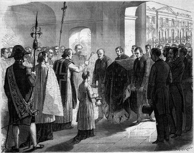 ナポレオン1世の弟であり、ナポリとスペインの王であったジョセフ・ボナパルト（1768-1844）の遺灰がパリのアンヴァリッド教会に移される。 作： French School