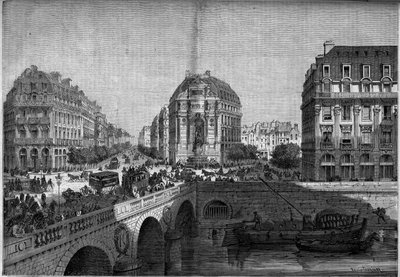 第二帝政期のパリの変貌、オスマン・パリ：セバストポール大通りにあるサン・ミシェル噴水（1860年）の風景。1860年8月18日付「Le Monde Illustré」175号に掲載されたエングレーヴィング。 作： French School