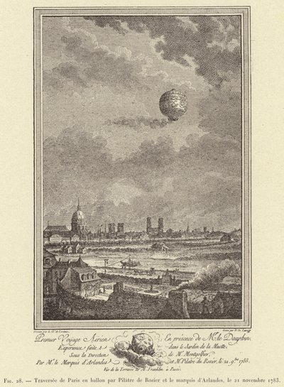 1783年11月21日、ピラトル・ド・ロジエとアーランド侯爵による気球でパリを縦断する様子(エングレーヴィング) 作： French School