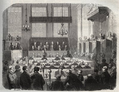 1856年5月に中央刑事裁判所で行われた、ルージュリーでジョン・パーソンズ・クックを毒殺したウィリアム・パーマーの裁判（エングレーヴィング） - 1856年にロンドンの中央刑事裁判所で行われたウィリアム・パーマーの裁判 - Armand Fouquiの "Causes celebres de tous peuples "に掲載されたエングレーヴィング 作： French School